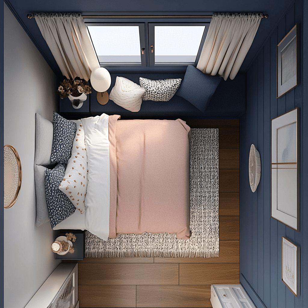 Midjourney AI image showcasing the top view of a small bedroom layout featuring window seats